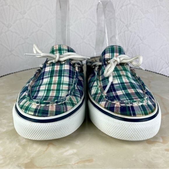 Sperry Top Sider Mules Womens Size 7.5 Green Blue Plaid Open Back Slides Shoes - Picture 3 of 11